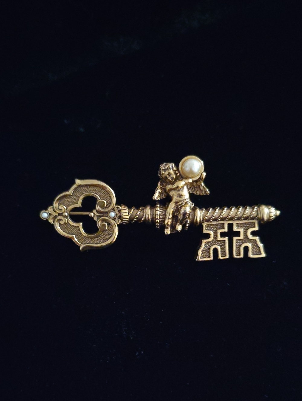 Vintage Vatican Library Gold Key Brooch with Cherub and Pearl Accent